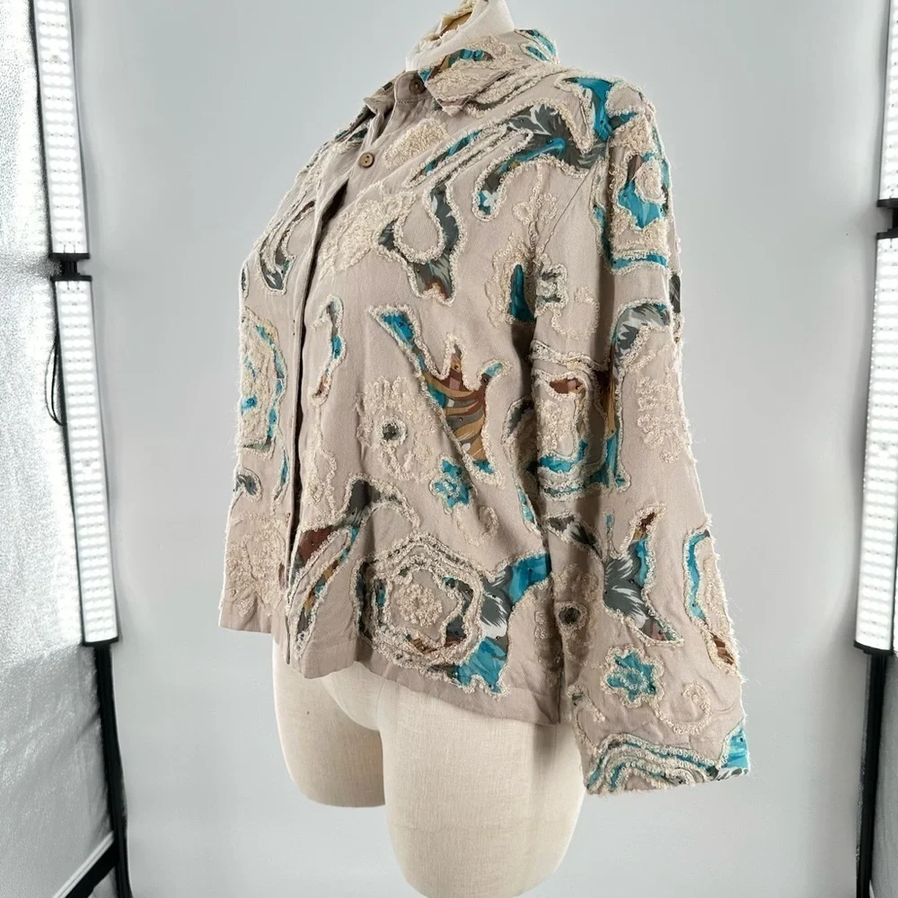 Coldwater Creek blazer size 16 tan blue embroidered floral coastal granny - Picture 6 of 9